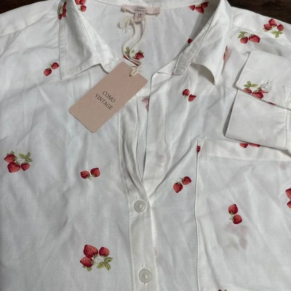 Como Vintage Womens Plus Size 1X Strawberries Button-Up Shirt L/S Roll Tab NWT - Picture 3 of 6